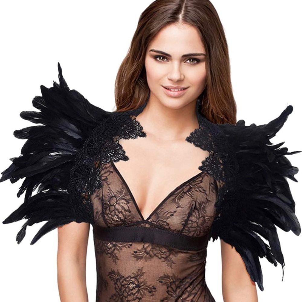 Black Feather Shrug Cape Shoulder Wrap Lace Collar